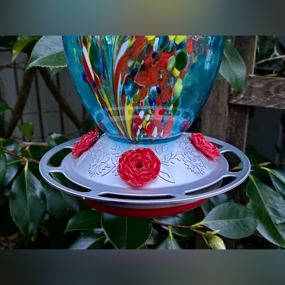 Glass Hummingbird Feeder 27oz Blown Glass Humming Bird - Roses & Ant Moat - Picture 12 of 13